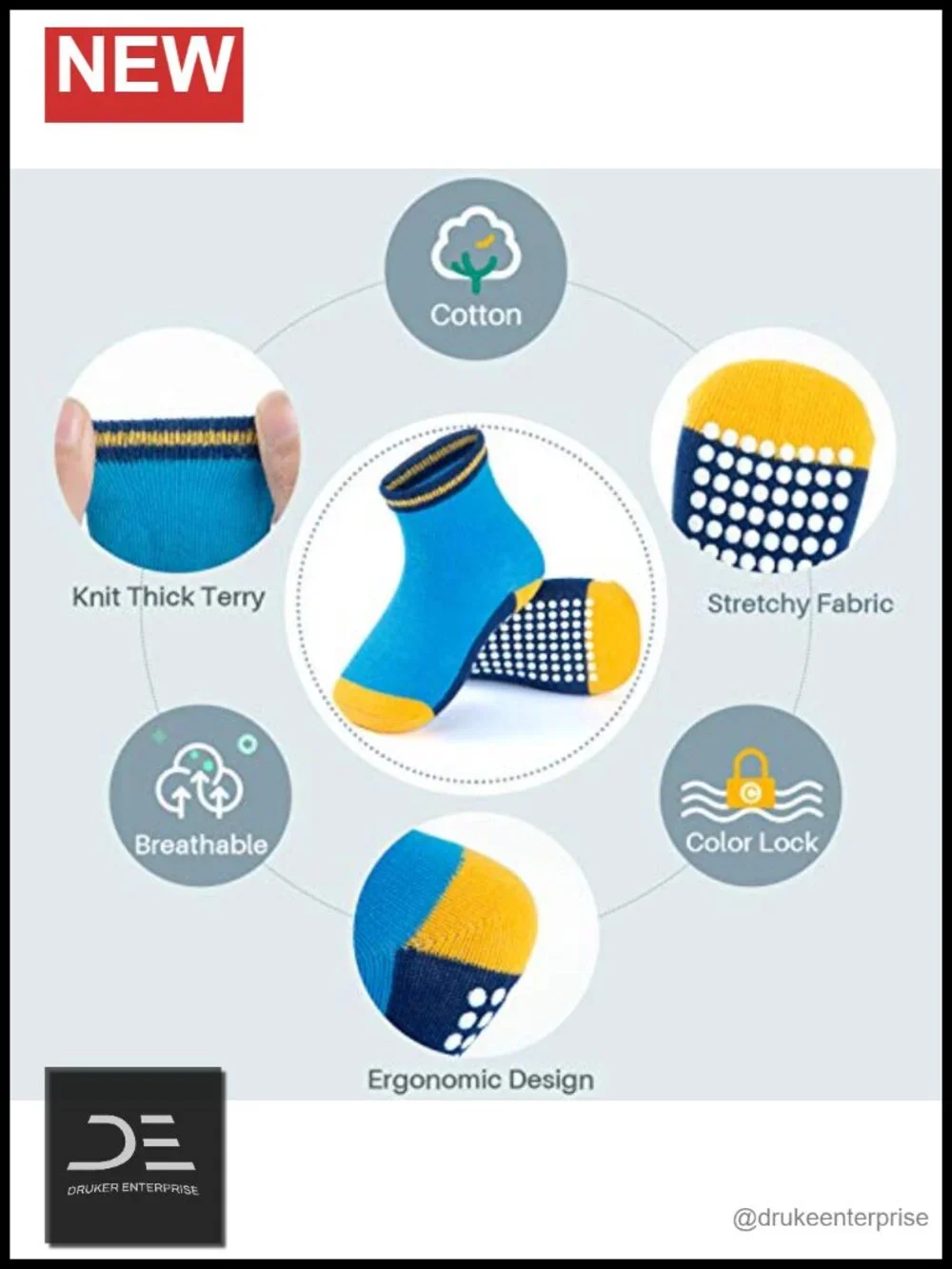 12 Pack Non Slip Baby Toddler Crew Socks Cotton Blend with Grippers for Boys